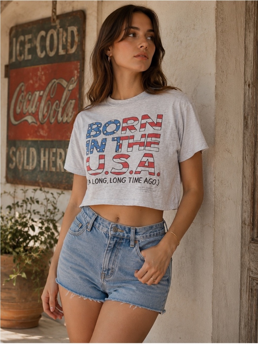 Women’s vintage summer beach crop top born in the USA America tee XS S M